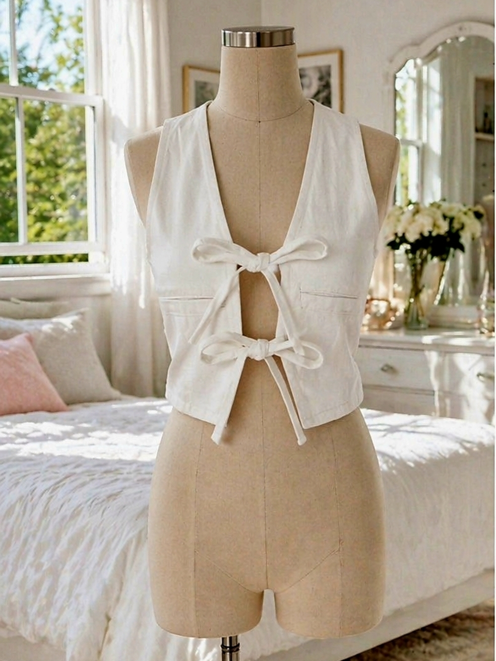 Flared Max White Denim Tie Front Vest NWT Size LarWomen’s Cream Tie-Front Vest